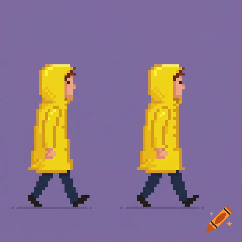 Two pixel art figures of a person in a yellow raincoat walking in side view against a purple background.