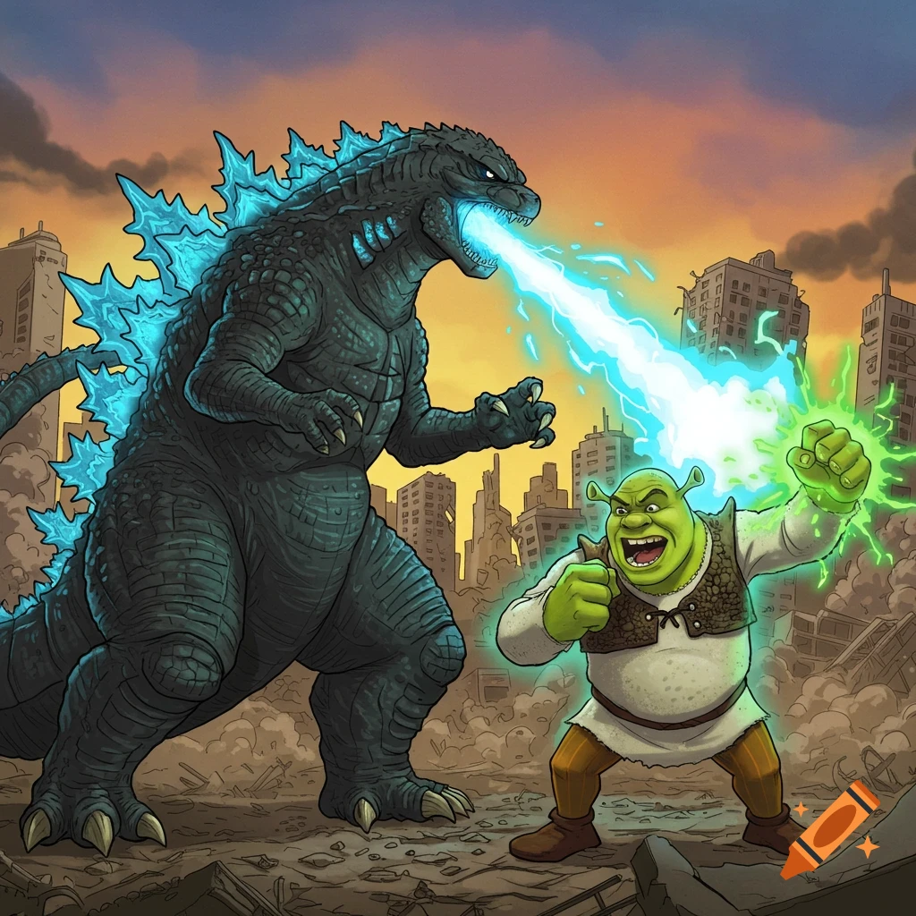 Godzilla, breathing blue energy, faces Shrek, charging green energy, in a cartoon-style ruined city battle.