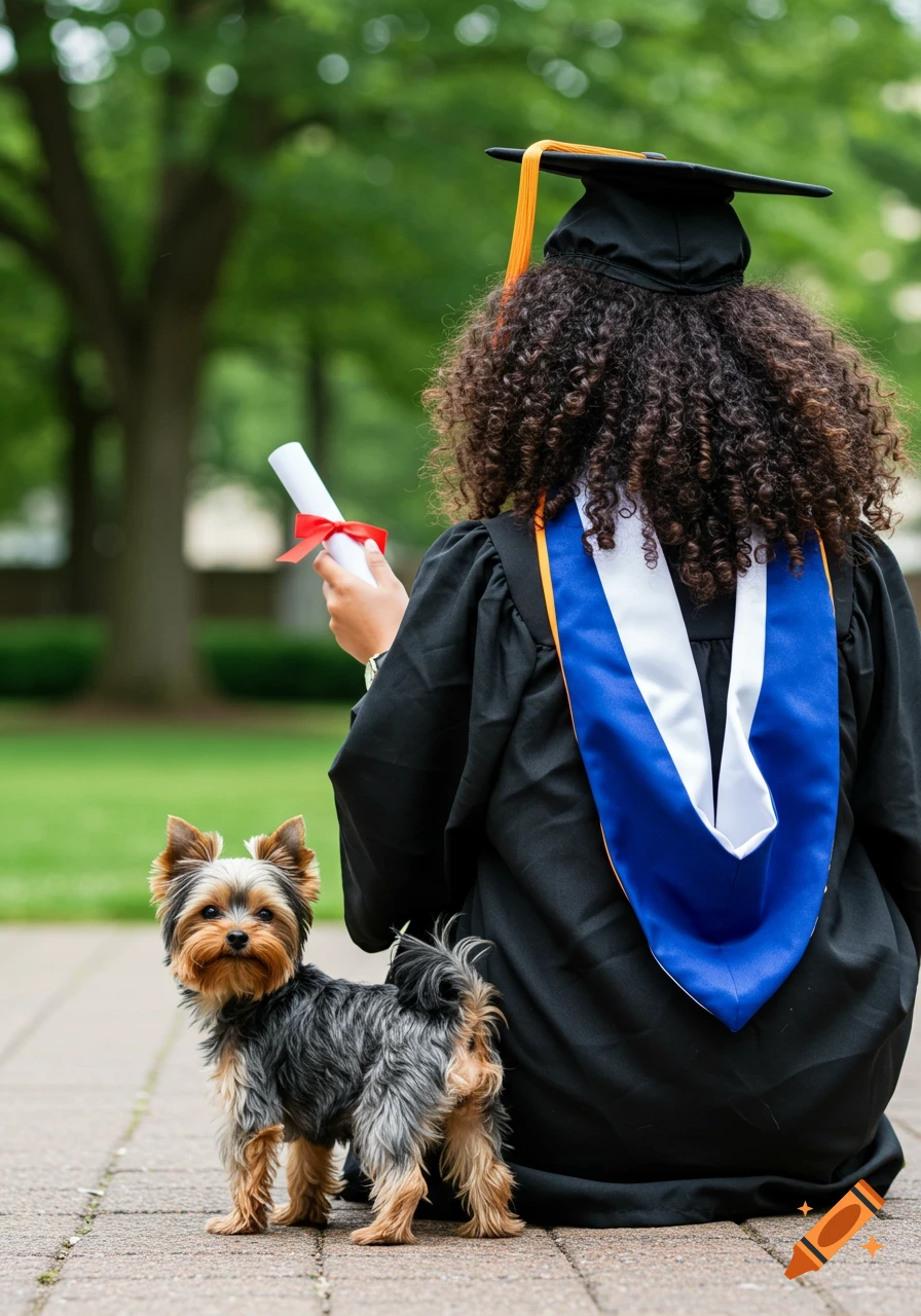 Rear view of a woman in graduation gown and cap holding a diploma, with a small Yorkie dog beside her on a paved path.
