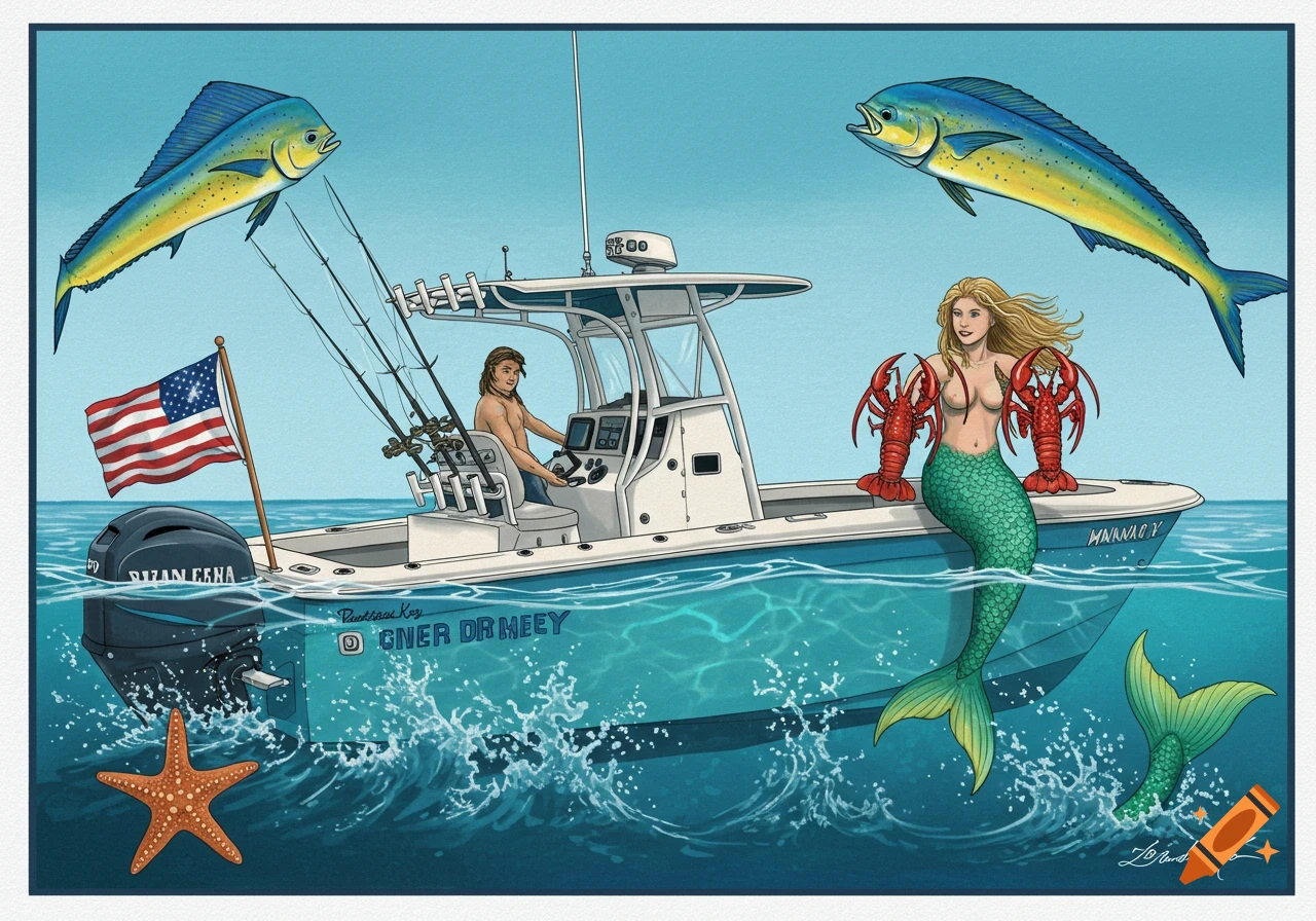 An illustration of a man driving a center console boat with a US flag. A topless mermaid holding two lobsters sits on the side of the boat. Two Mahi-Mahi fish jump in the sky, and a starfish is visible underwater.