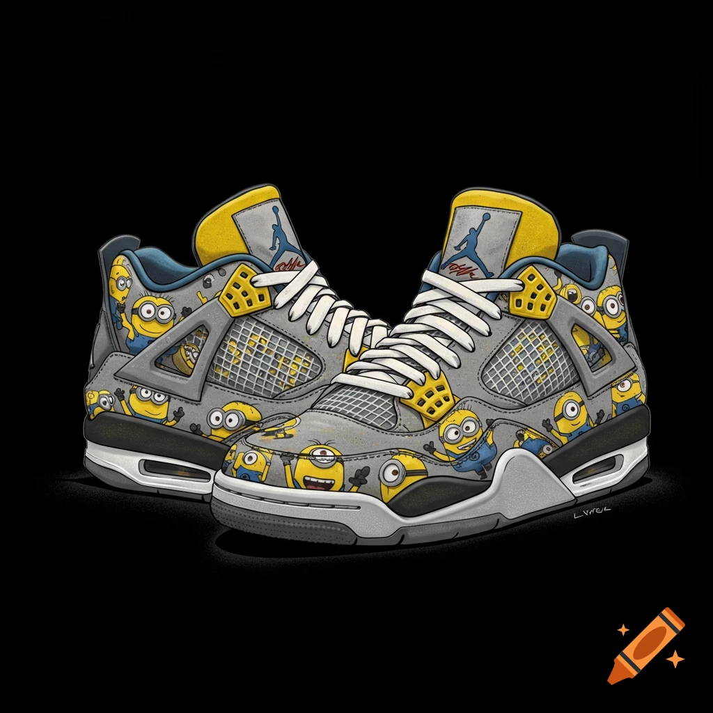 An illustration of a pair of gray and yellow Air Jordan 4 sneakers decorated with numerous small Minion characters.