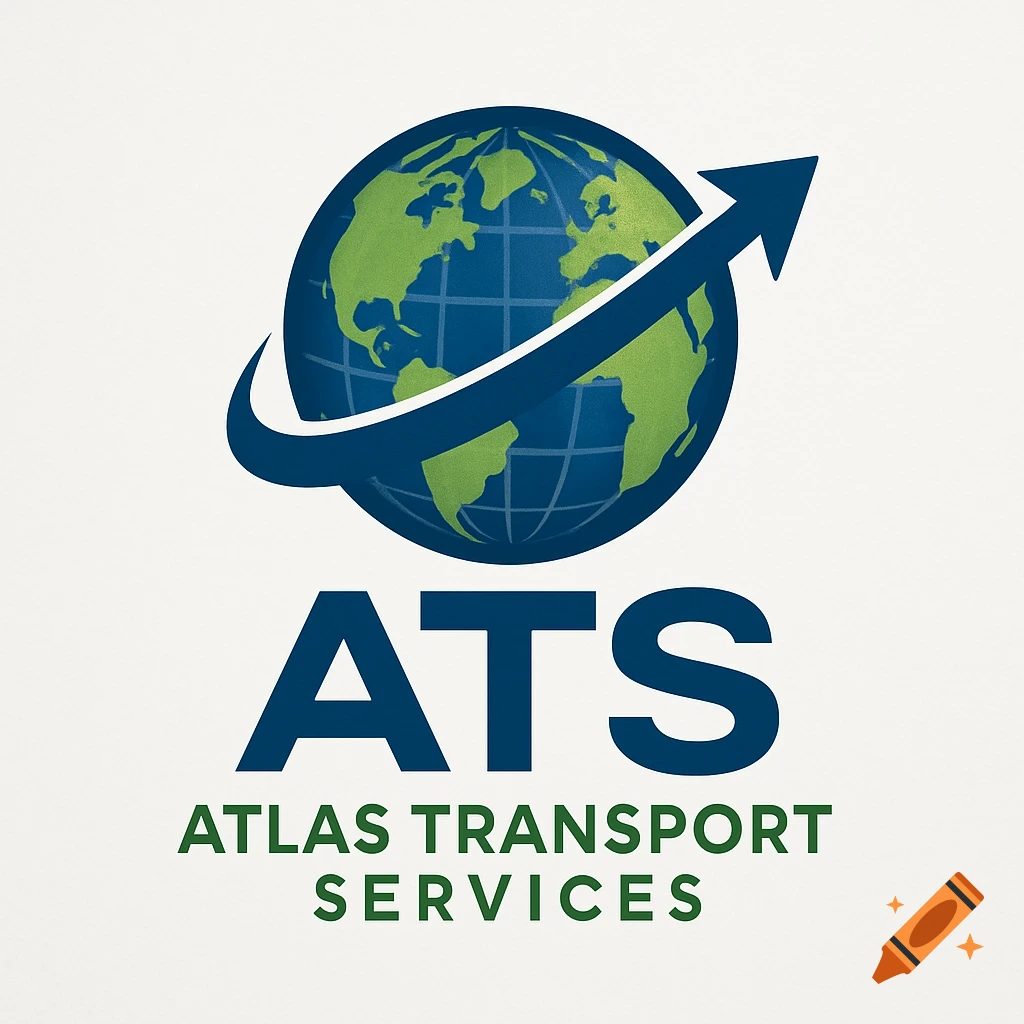 A modern logo for ATS Atlas Transport Services featuring a blue globe with green continents, encircled by a blue swoosh and arrow.