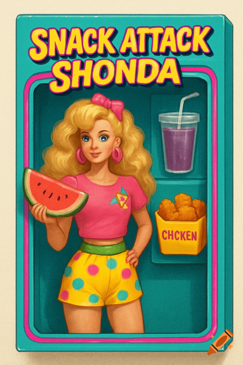 A retro-styled toy packaging features a Barbie-like doll named Snack Attack Shonda with blonde hair, pink shirt, and polka-dot shorts, holding a watermelon slice. Accessories include a purple drink and a box of chicken nuggets.