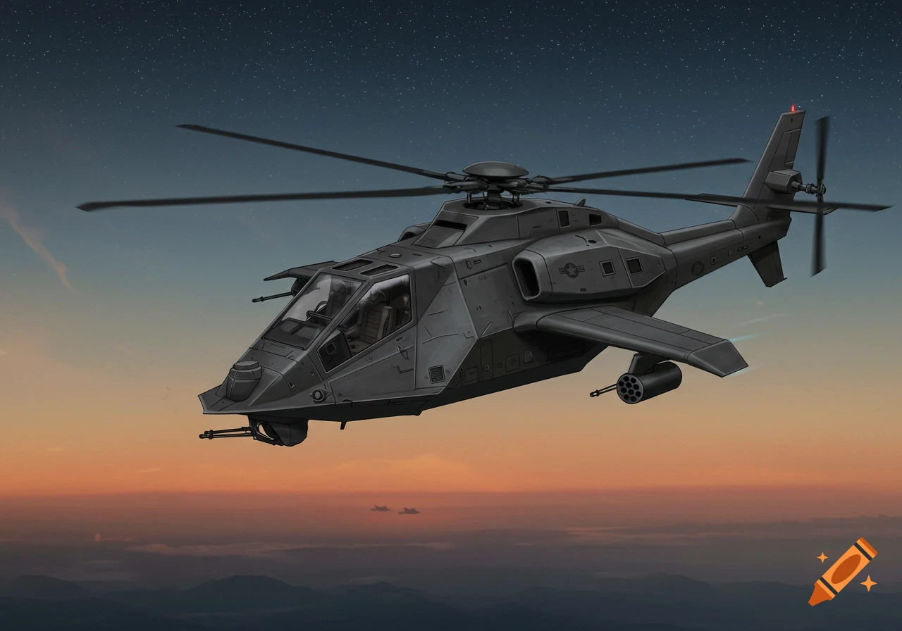 A dark gray futuristic stealth attack helicopter with twin tails flies over a hazy mountainous landscape at sunset.