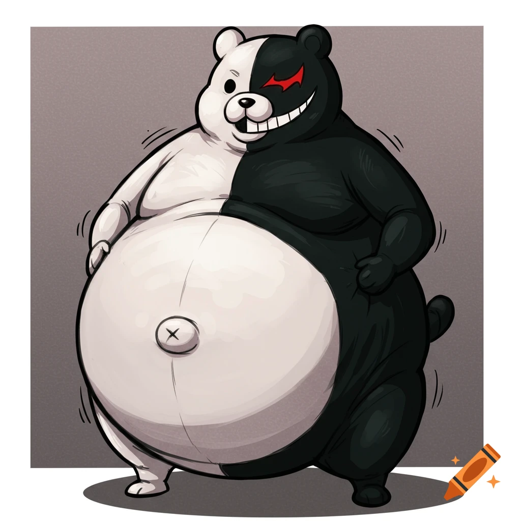 A very fat Monokuma, a black and white bear character, with a distended belly, drawn in the Danganronpa anime style.