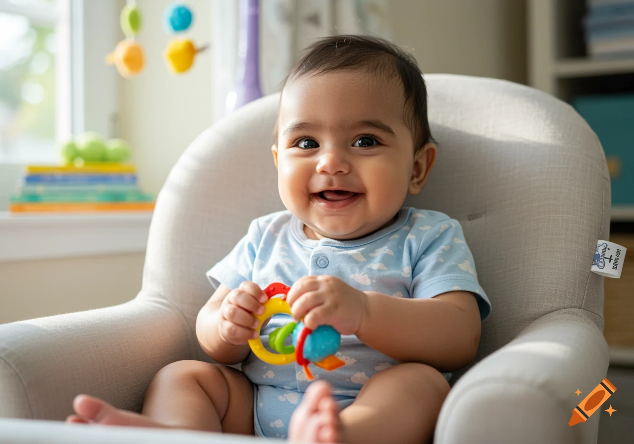 A smiling baby sits in a soft chair, holding a colorful rattle. Photorealistic style.