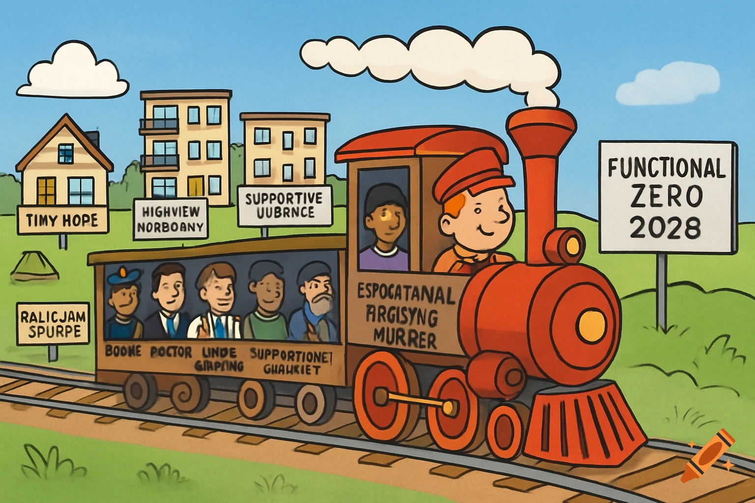 A colorful cartoon drawing of a red train on tracks carrying passengers, with a conductor smiling in the engine. Several buildings and signs with text are in the background.
