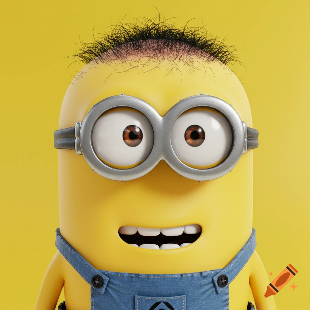 Close-up of a yellow Minion character with goggles, denim overalls, and sparse black hair, looking forward.
