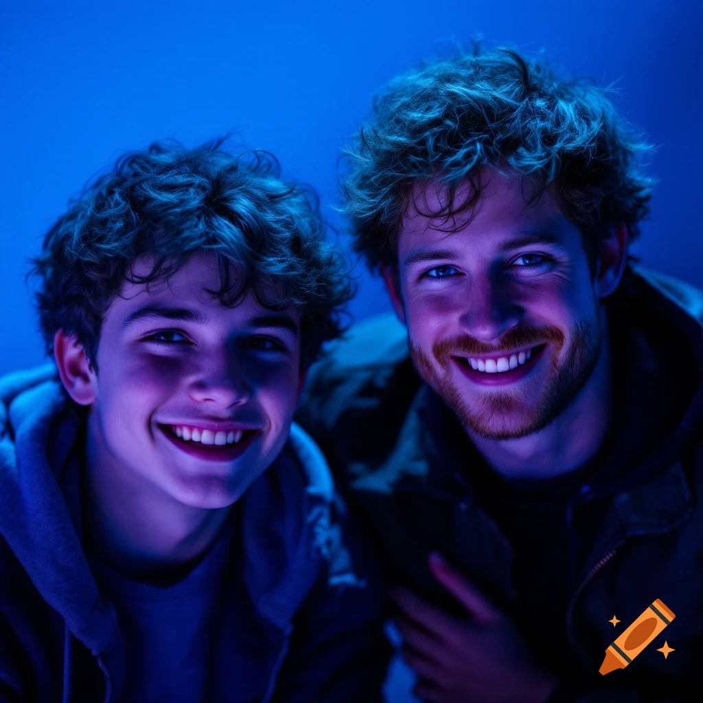 A photorealistic portrait of two smiling males, one a teenager and one a young adult, under intense blue lighting.
