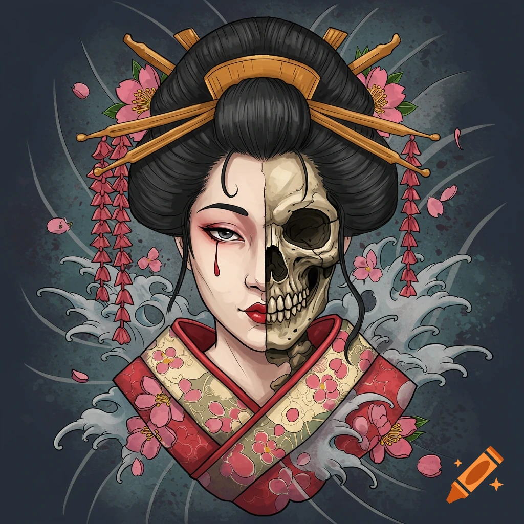 Stylized illustration of a geisha with half a human face and half a skull, adorned with traditional Japanese hairpins, kimono, and cherry blossoms.