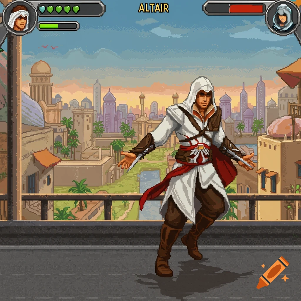 Pixel art of Altair from Assassin's Creed on a rooftop overlooking a city skyline.