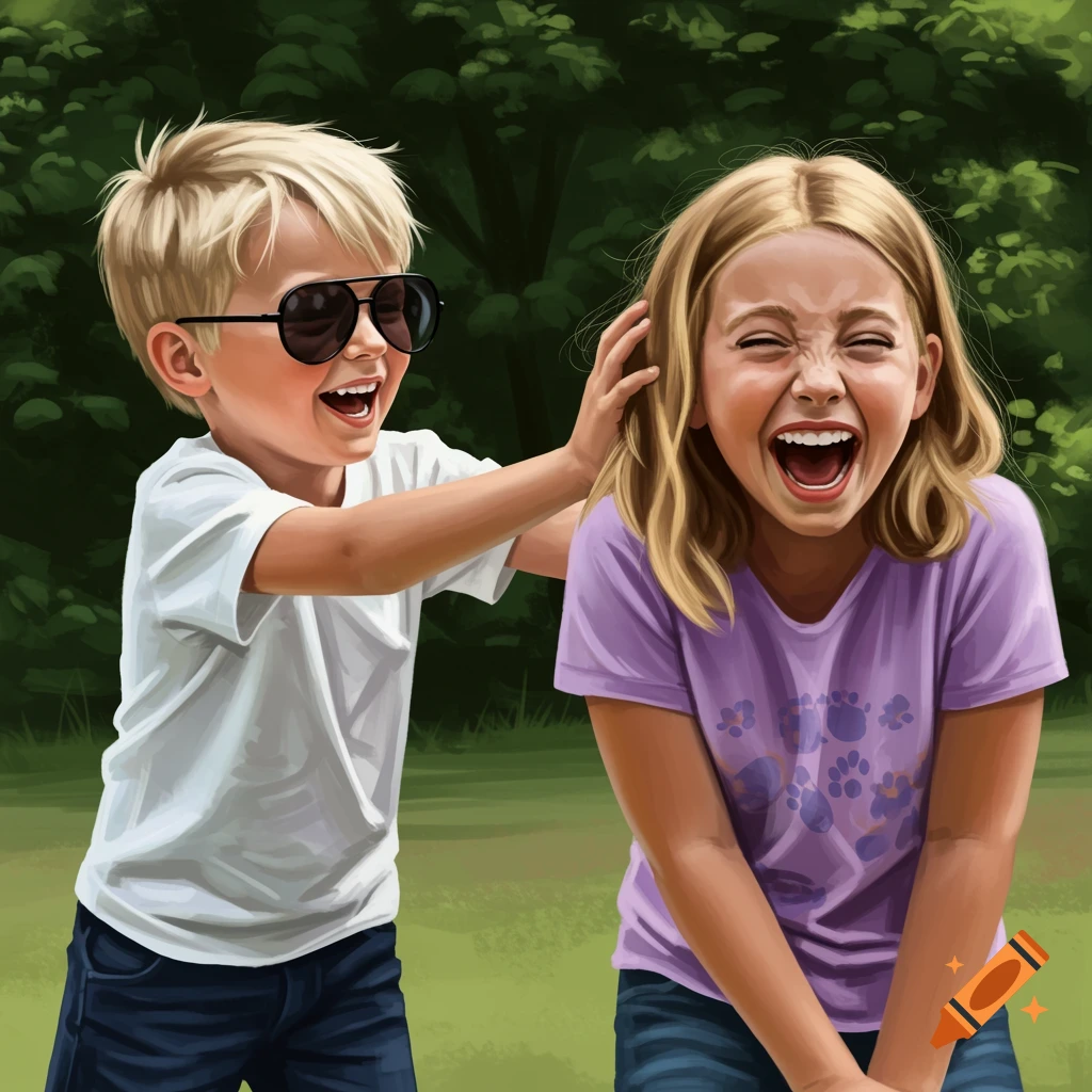 A blond boy in sunglasses playfully touches a blond girl's head, and they both laugh heartily outdoors.