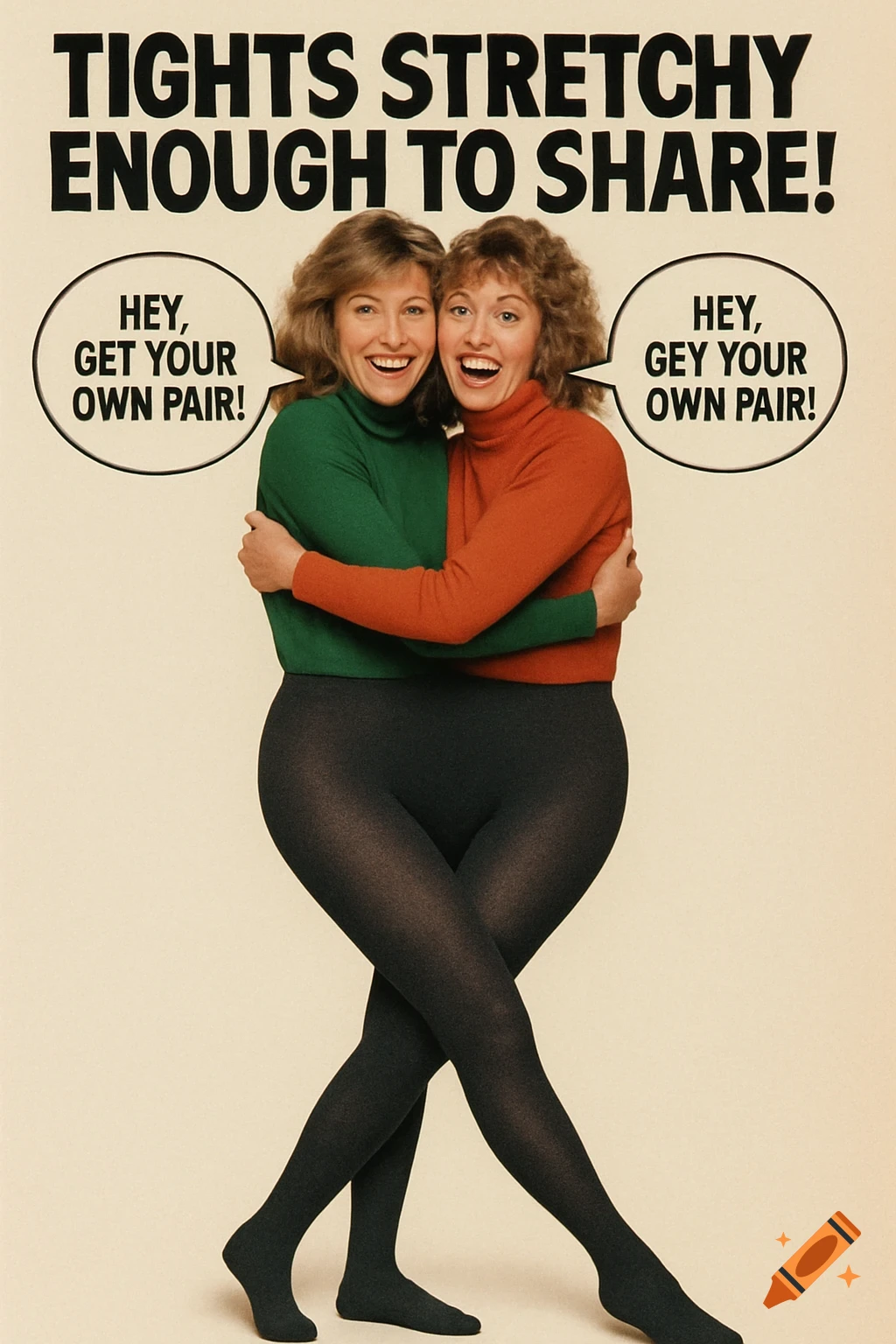Humorous 1980s ad showing two smiling women sharing one pair of black tights, with speech bubbles.