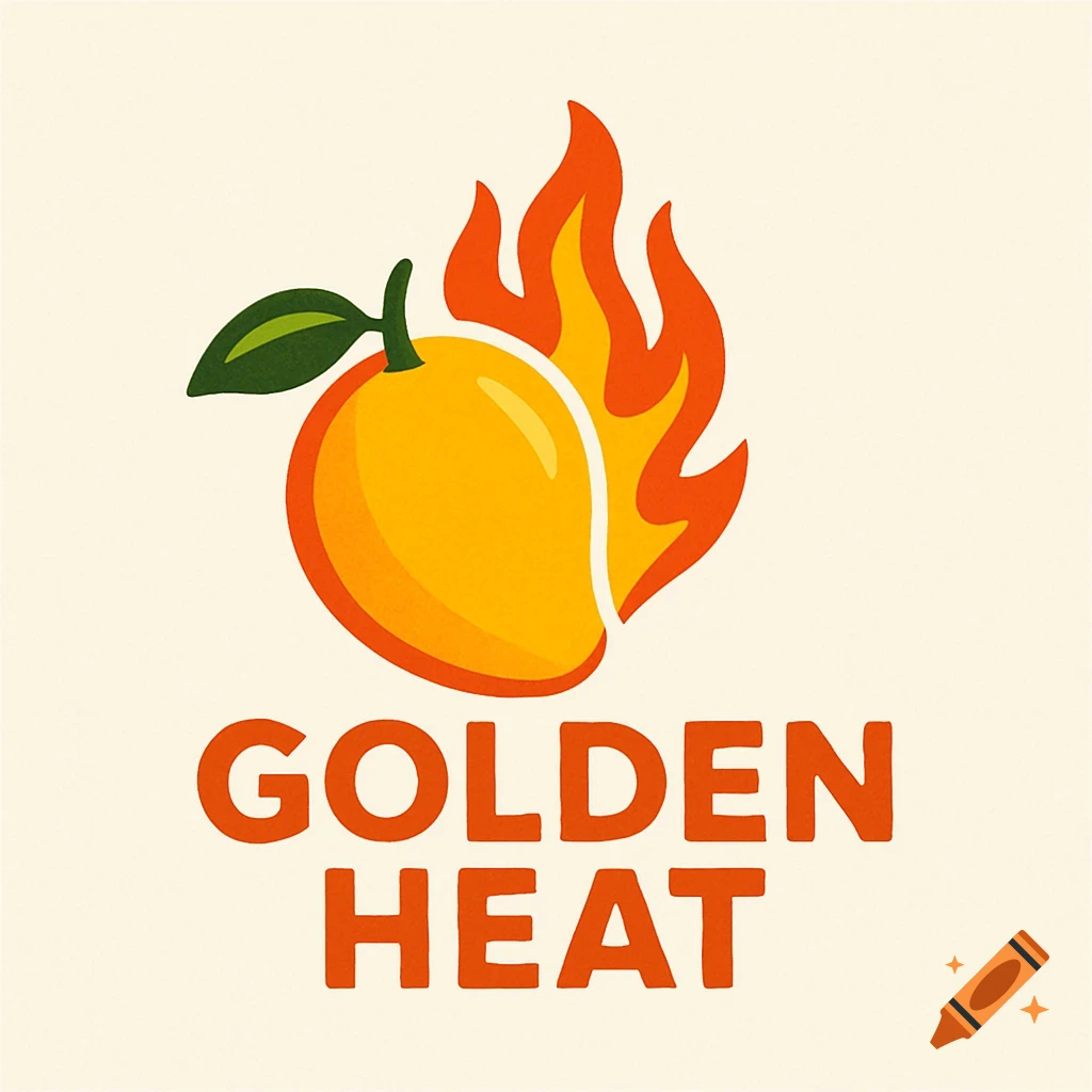 A stylized logo for "Golden Heat" hot sauce featuring an orange mango with red and orange flames emanating from its side, with the text "GOLDEN HEAT" below it.