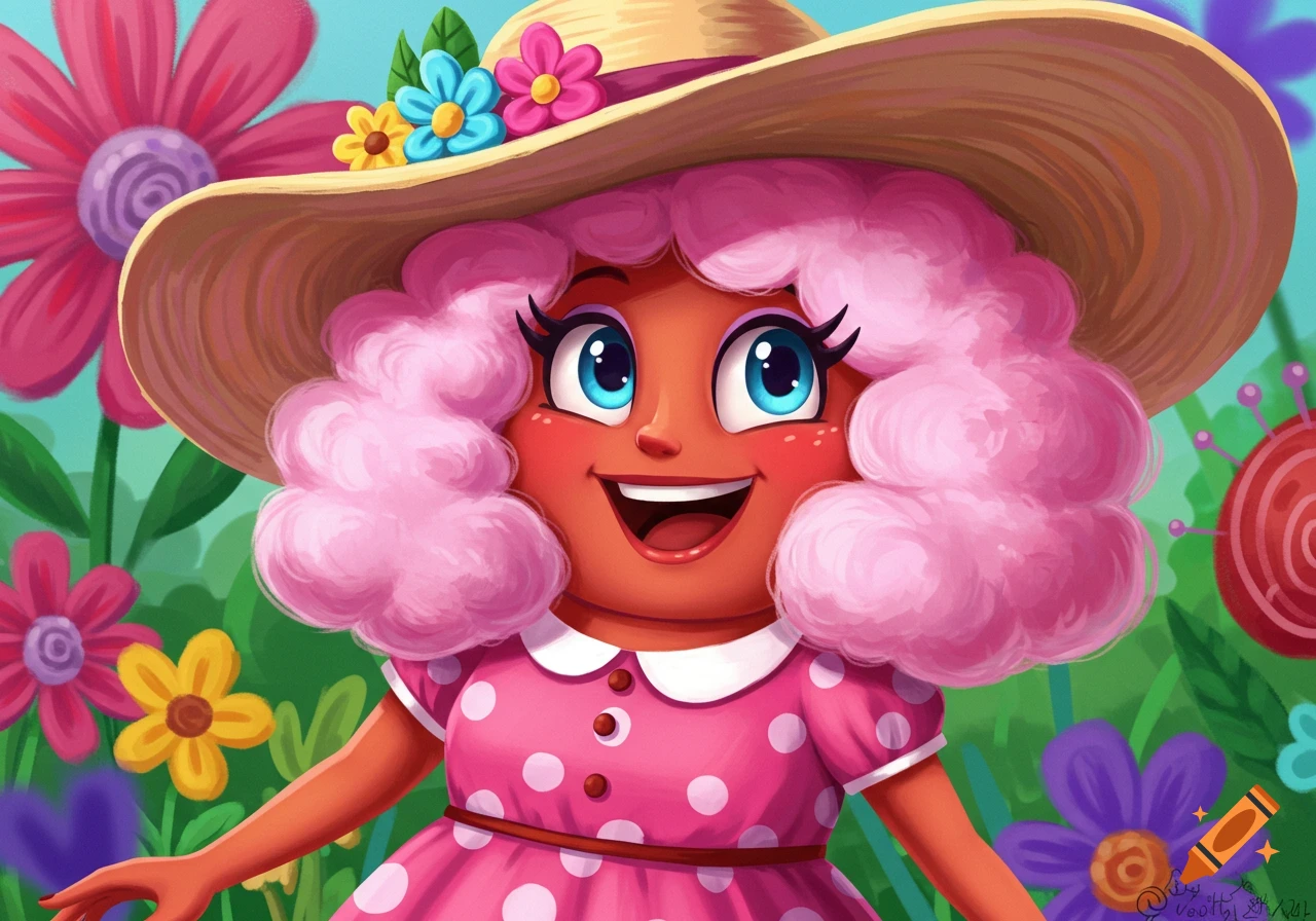A cheerful cartoon character with pink curly hair, a straw hat with flowers, and a pink polka dot dress smiles in a vibrant garden.