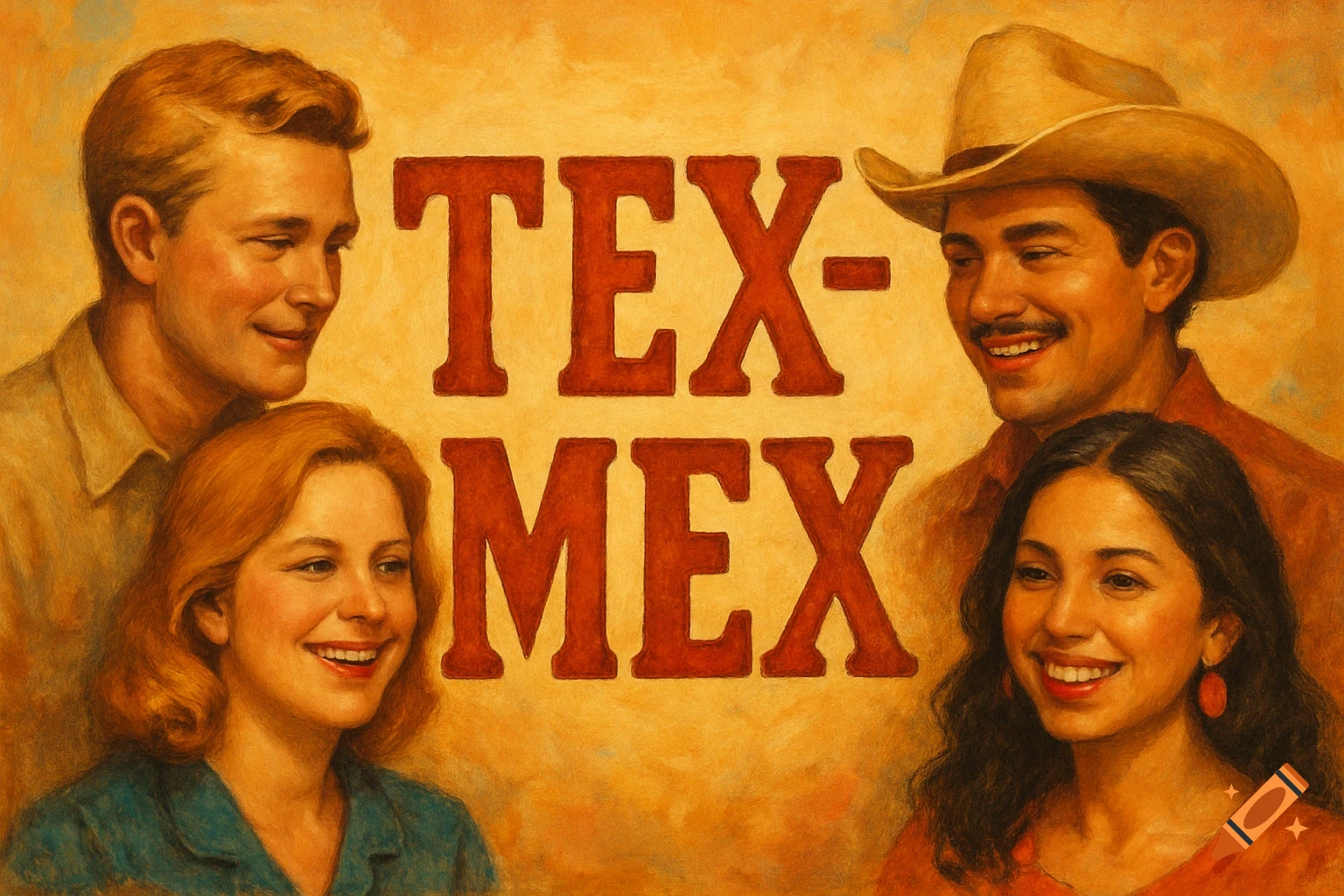 A retro-style illustration showing 'TEX-MEX' text with four smiling people, two Caucasian and two Hispanic/Latino.