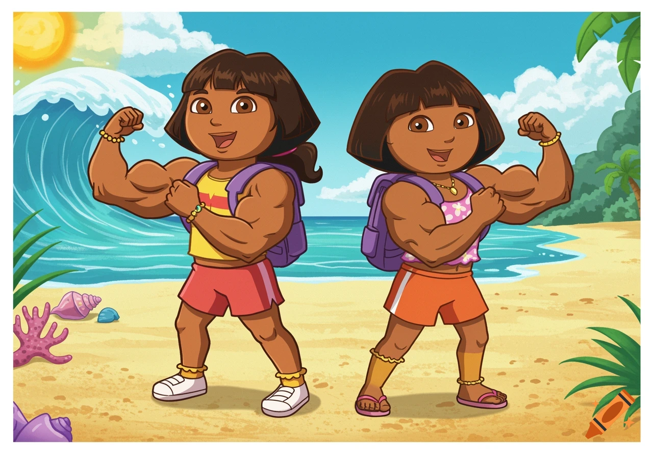 Two cartoon characters with large muscles, resembling Dora the Explorer, flex on a sunny beach.