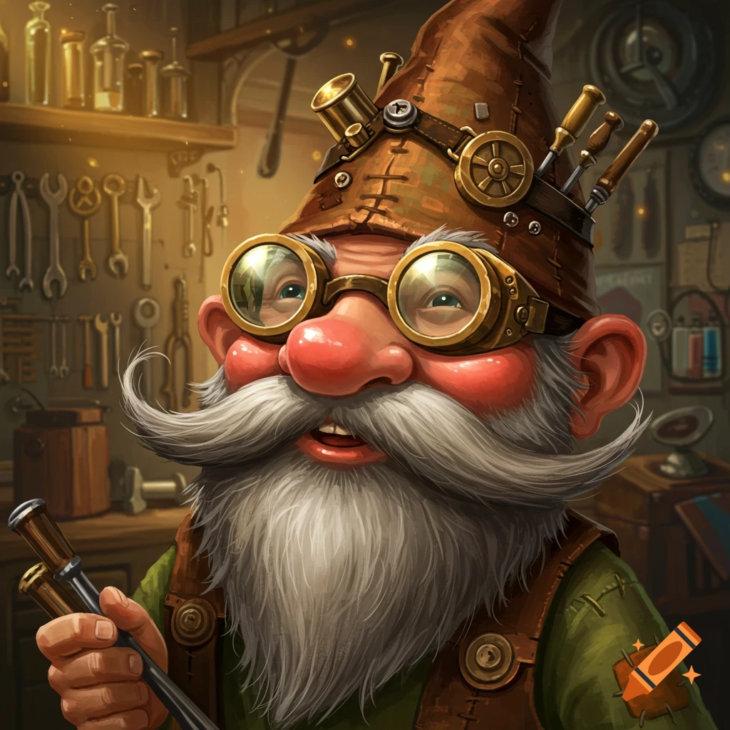 Close-up portrait of an old gnome with a large white mustache, steampunk goggles on his hat, holding tools in a workshop.