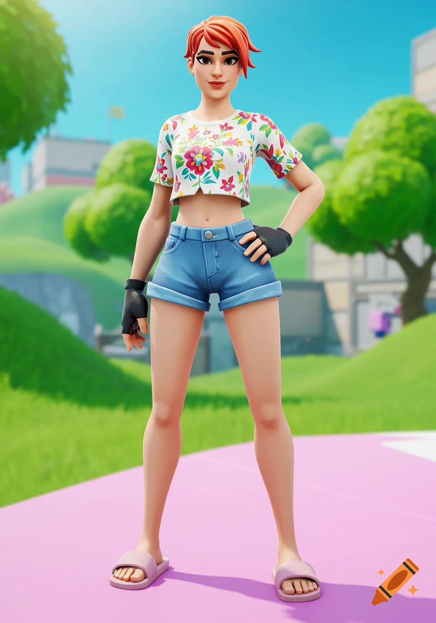 A Fortnite-style female character with short ginger hair, a floral crop top, denim shorts, and pink sliders stands outside.