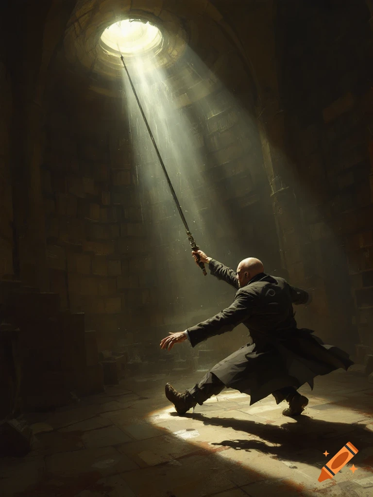 A bald man in a dark coat reaches a long pole towards a bright skylight in a circular, stone dungeon chamber, with light rays illuminating dust.