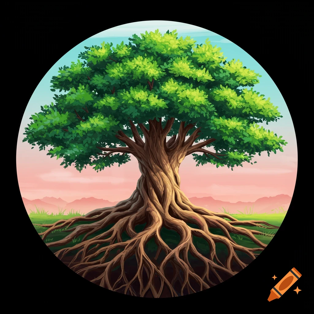 An illustrated circular depiction of a large, gnarled tree with exposed roots against a vibrant sky and rolling hills.