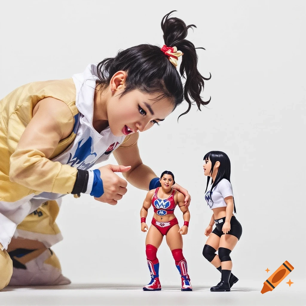A woman in wrestling attire peers down at two action figures, one appearing to be a muscular female wrestler, against a white background.