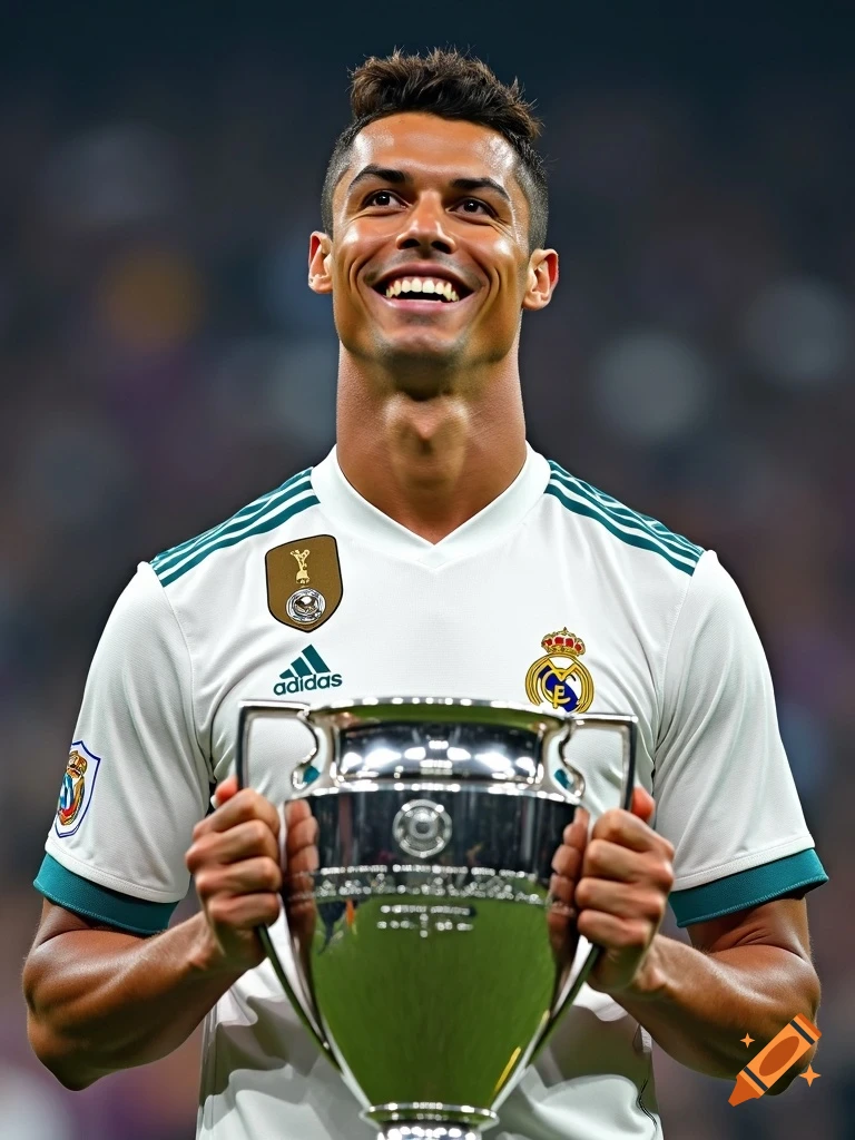 Photorealistic portrait of Cristiano Ronaldo smiling while holding the Champions League trophy, wearing a Real Madrid jersey.
