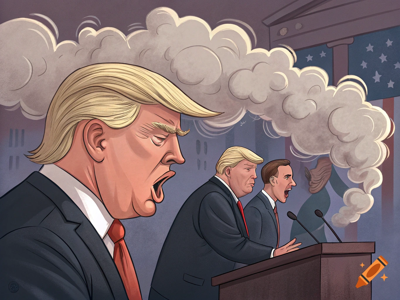 A stylized illustration showing Donald Trump with an open mouth, and two men at a podium reacting with disgust, with smoke behind them.