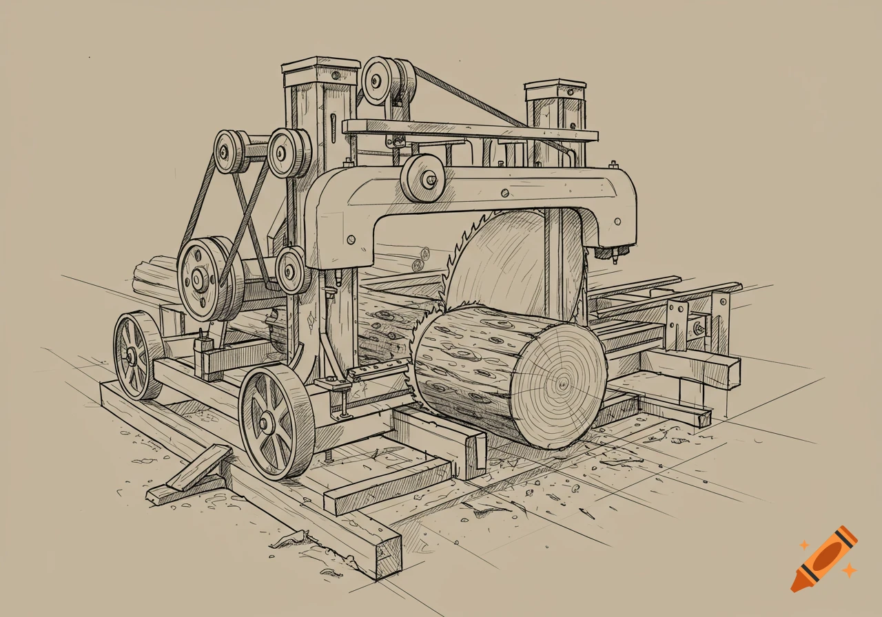 A detailed line drawing illustration of a sawmill cutting a large log.