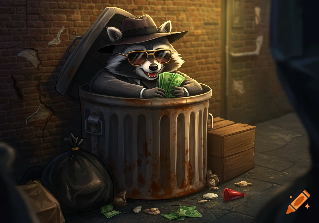 A cartoon raccoon dressed as a gangster in a fedora and sunglasses sits in a trash can, holding money in an alley.