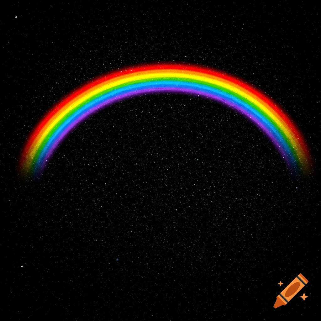 A bright, colorful rainbow arcs across a dark, starry sky.