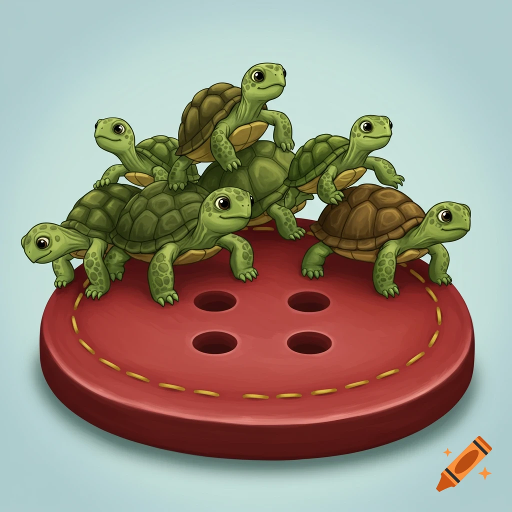 Six cute cartoon turtles standing on a large red button.