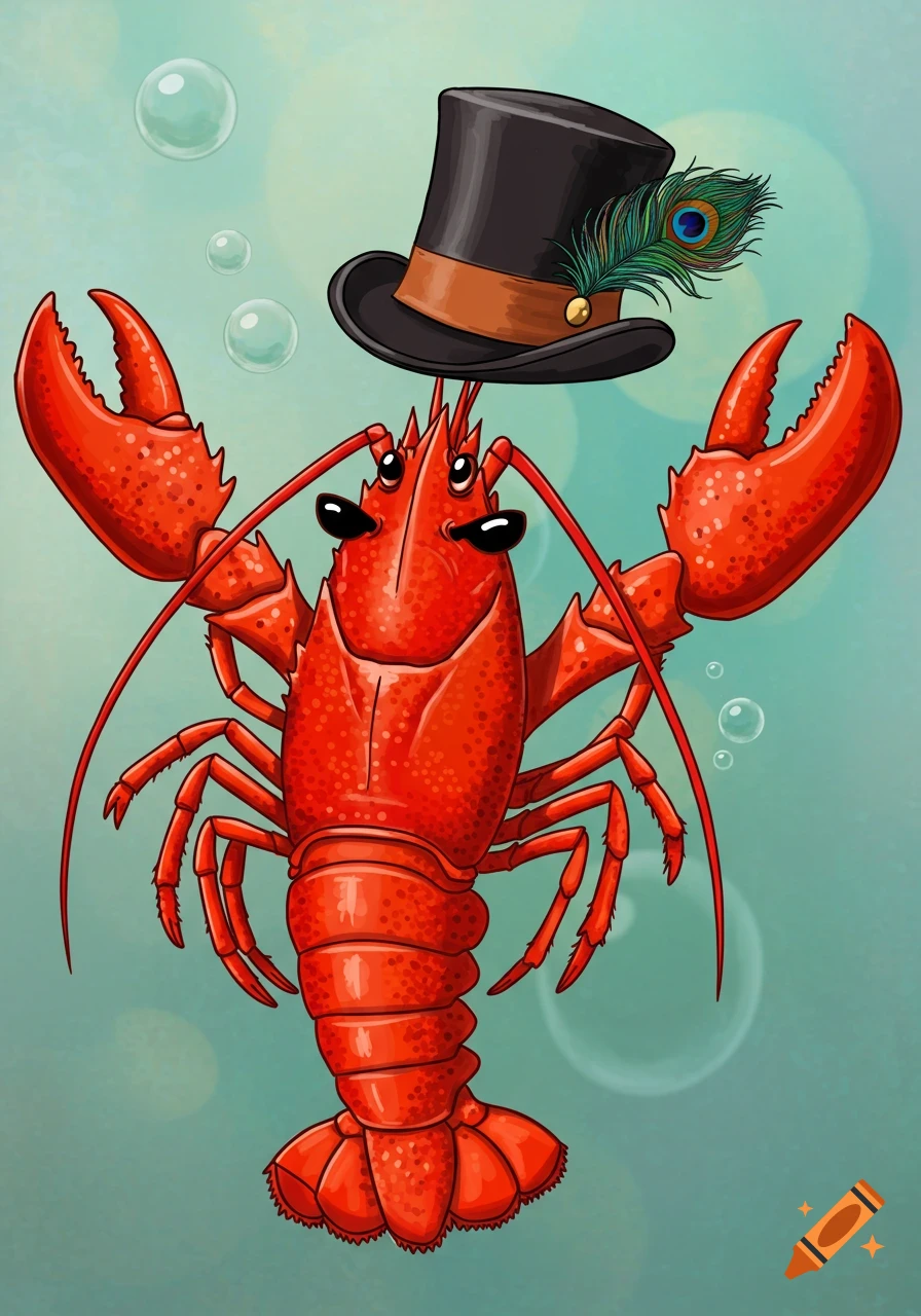 A cartoon red lobster wearing a black top hat with a peacock feather, floating in teal water with bubbles.