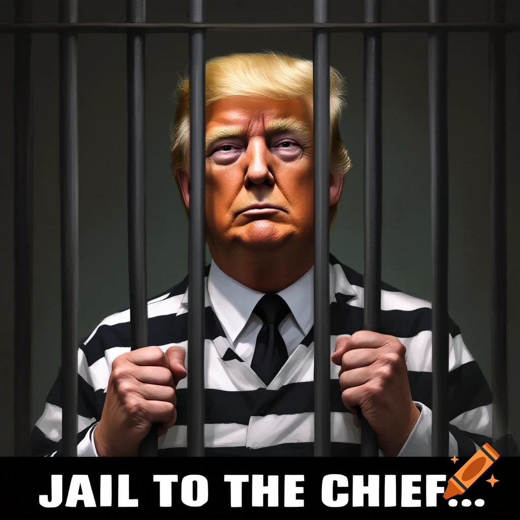Close-up portrait of Donald Trump in a black and white striped prison uniform, behind prison bars, with the caption 'JAIL TO THE CHIEF...' below.