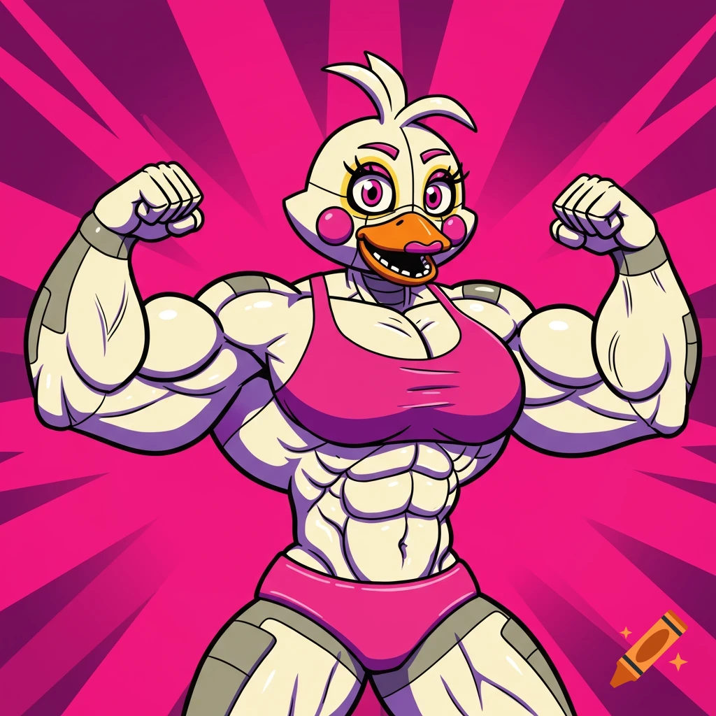 Muscular Funtime Chica in a pink sports bra and underwear flexing her biceps against a pink radial background in a cartoon style.