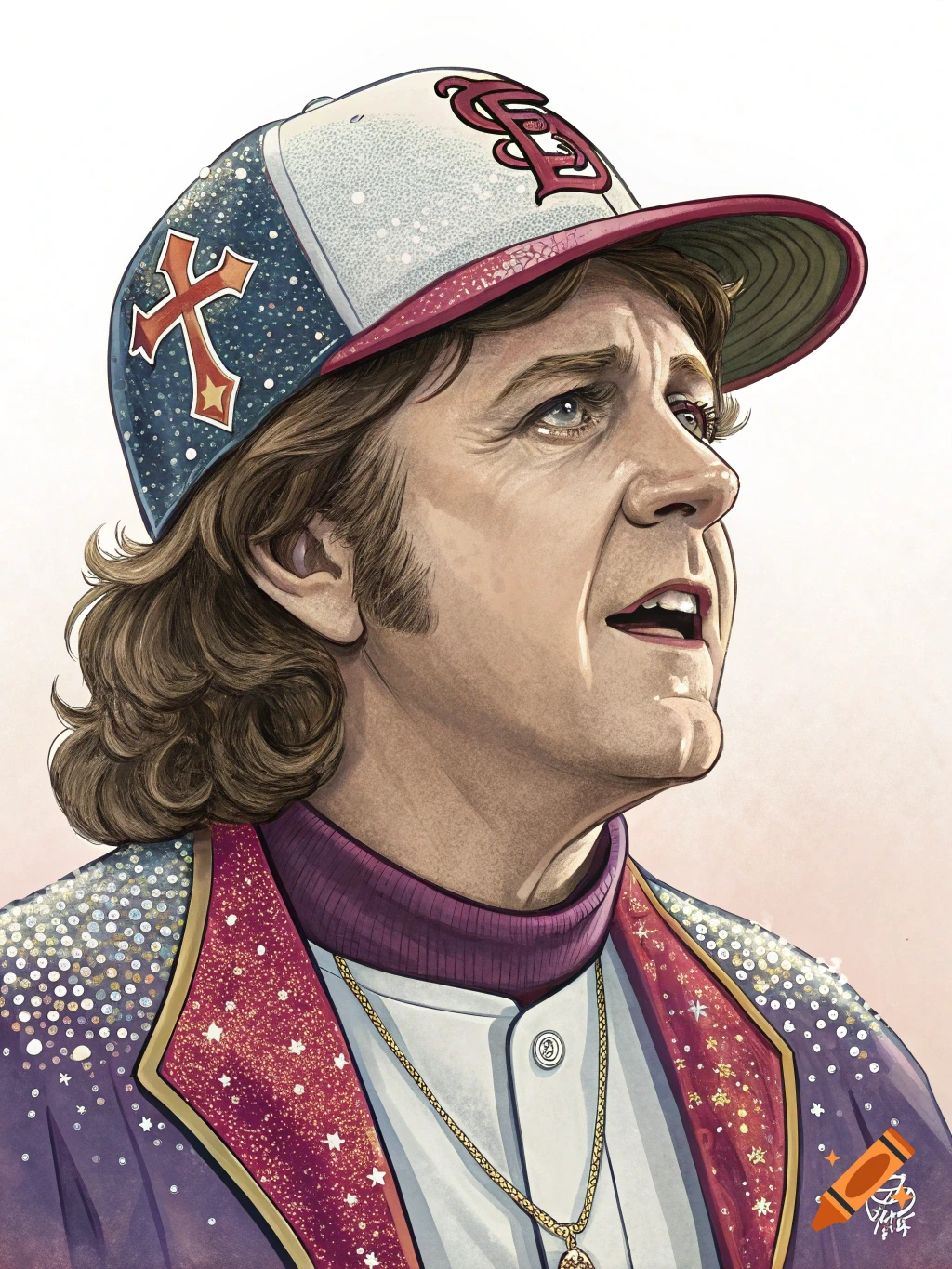 An illustration of a man with curly brown hair wearing a sparkly baseball cap with a cross and a lettered logo, and a sequined purple jacket over a turtleneck, looking upwards.