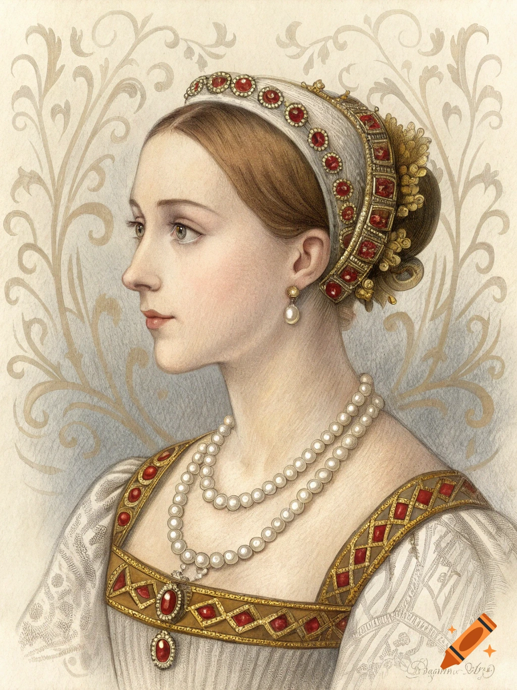 Portrait of a young woman in historical attire, wearing a bejeweled headdress and pearl necklaces. Rendered in a detailed, classical style.