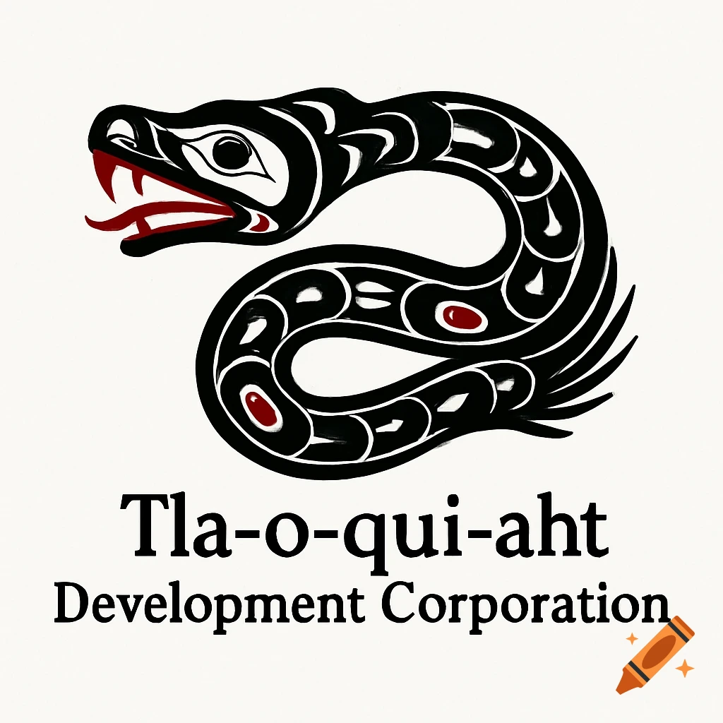 Stylized black and red serpent logo in Pacific Northwest indigenous art style, with the text 'Tla-o-qui-aht Development Corporation'.