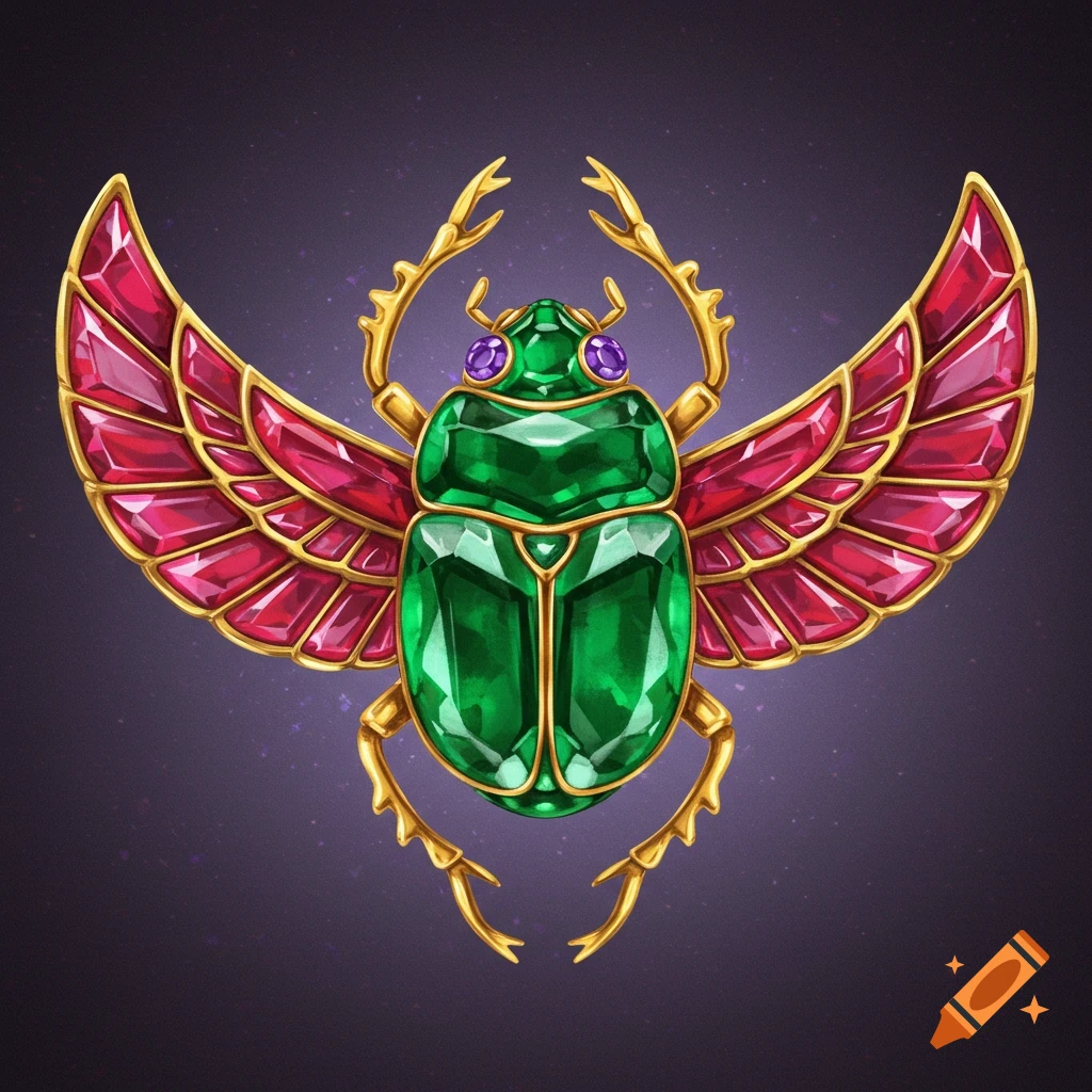 A stylized scarab beetle, shimmering with green and red jewels and gold accents against a dark background.