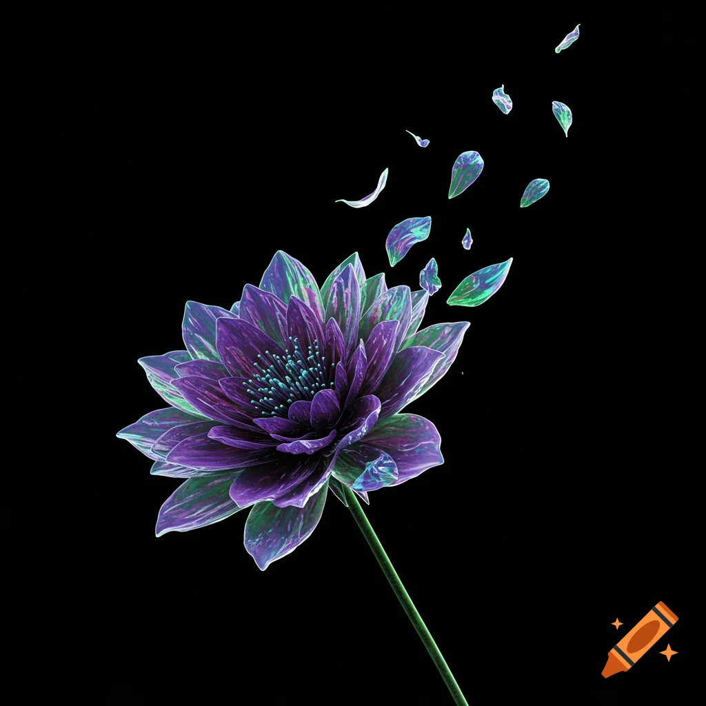 A glowing purple, green, and blue holographic flower on a black background, with iridescent petals floating away.