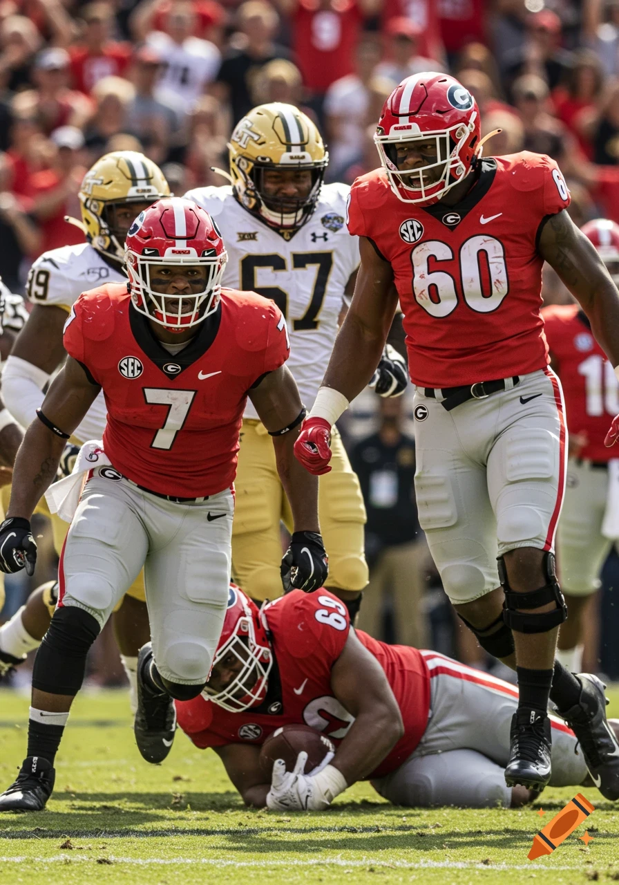 A photorealistic image of American football players from Georgia and Georgia Tech on the field, with one player on the ground.