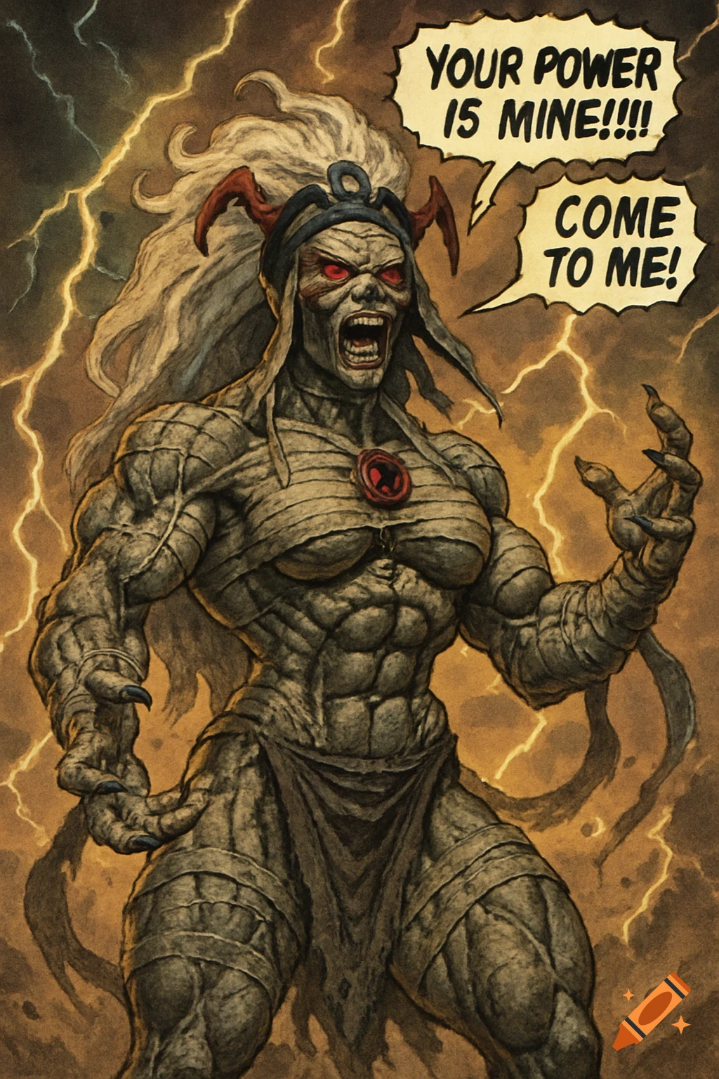 A muscular, mummy-like female with red eyes and horns roars "YOUR POWER IS MINE!!!!" amid lightning, comic book art.