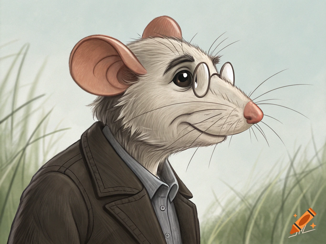 An illustration of an anthropomorphic white mouse with glasses and a jacket in a field.