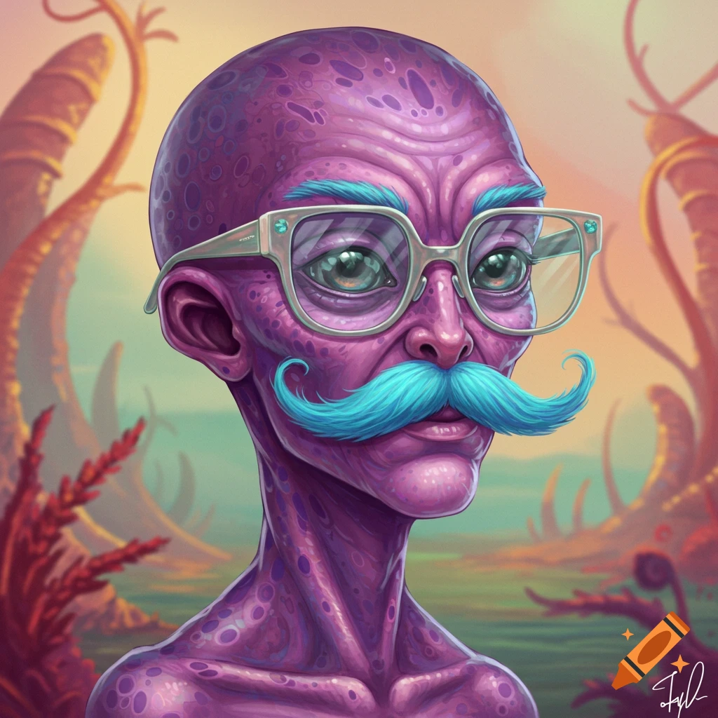 A detailed portrait of a purple alien with a large head, wearing glasses, and sporting a bright blue handlebar mustache, set against an alien landscape.