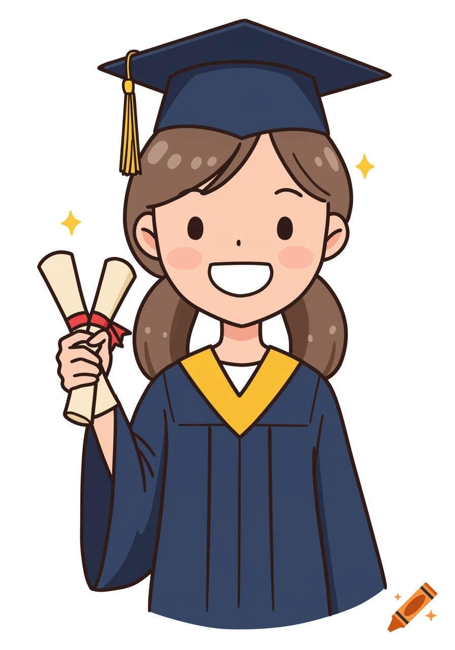 A smiling cartoon girl in a navy blue graduation gown and cap, holding two rolled diplomas.