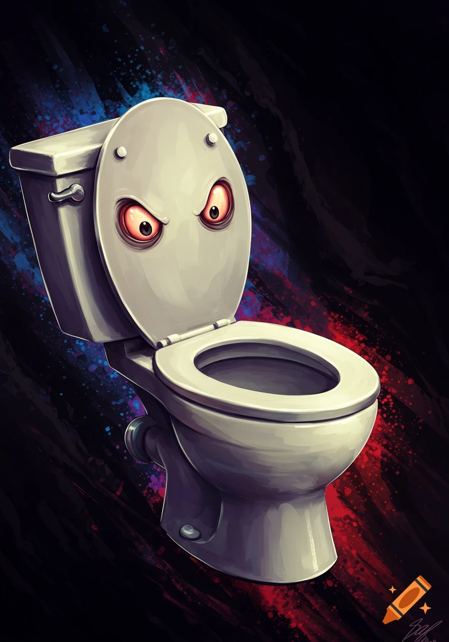 A cartoon toilet with angry red eyes, set against a dark background with blue and red paint splatters.