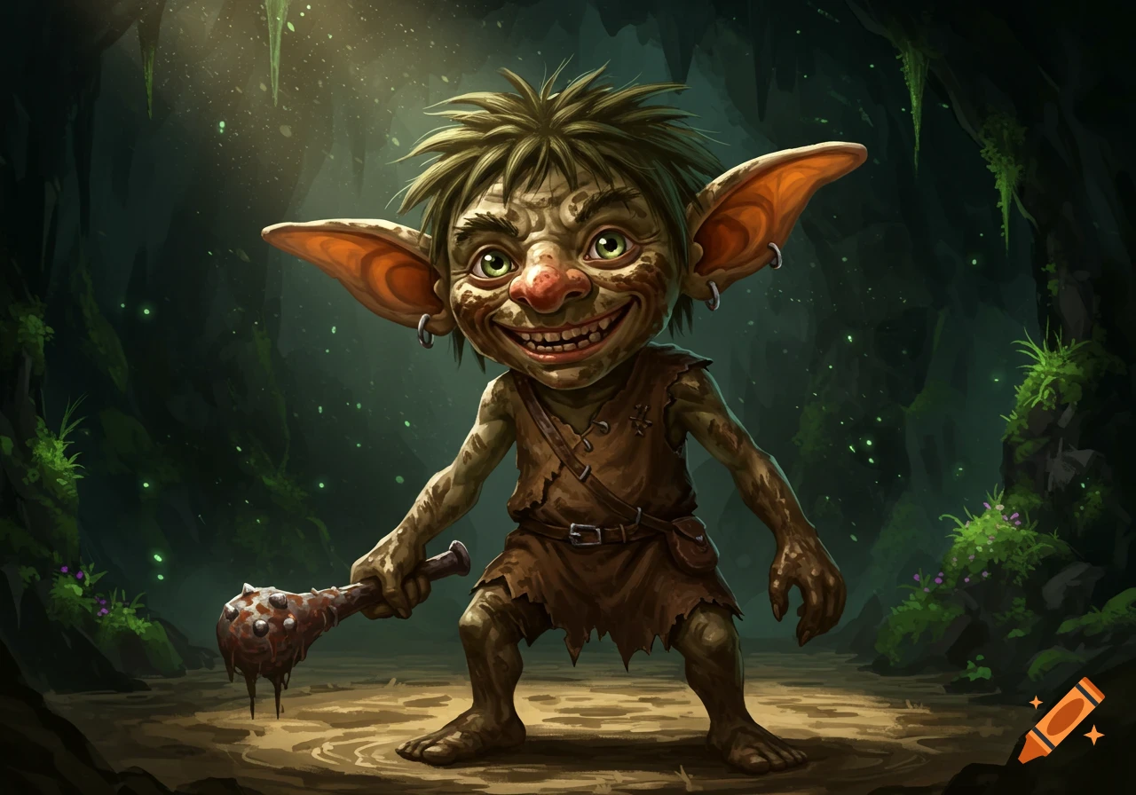 A stylized illustration of a muddy, grinning goblin with large ears holding a club in a dark cave.