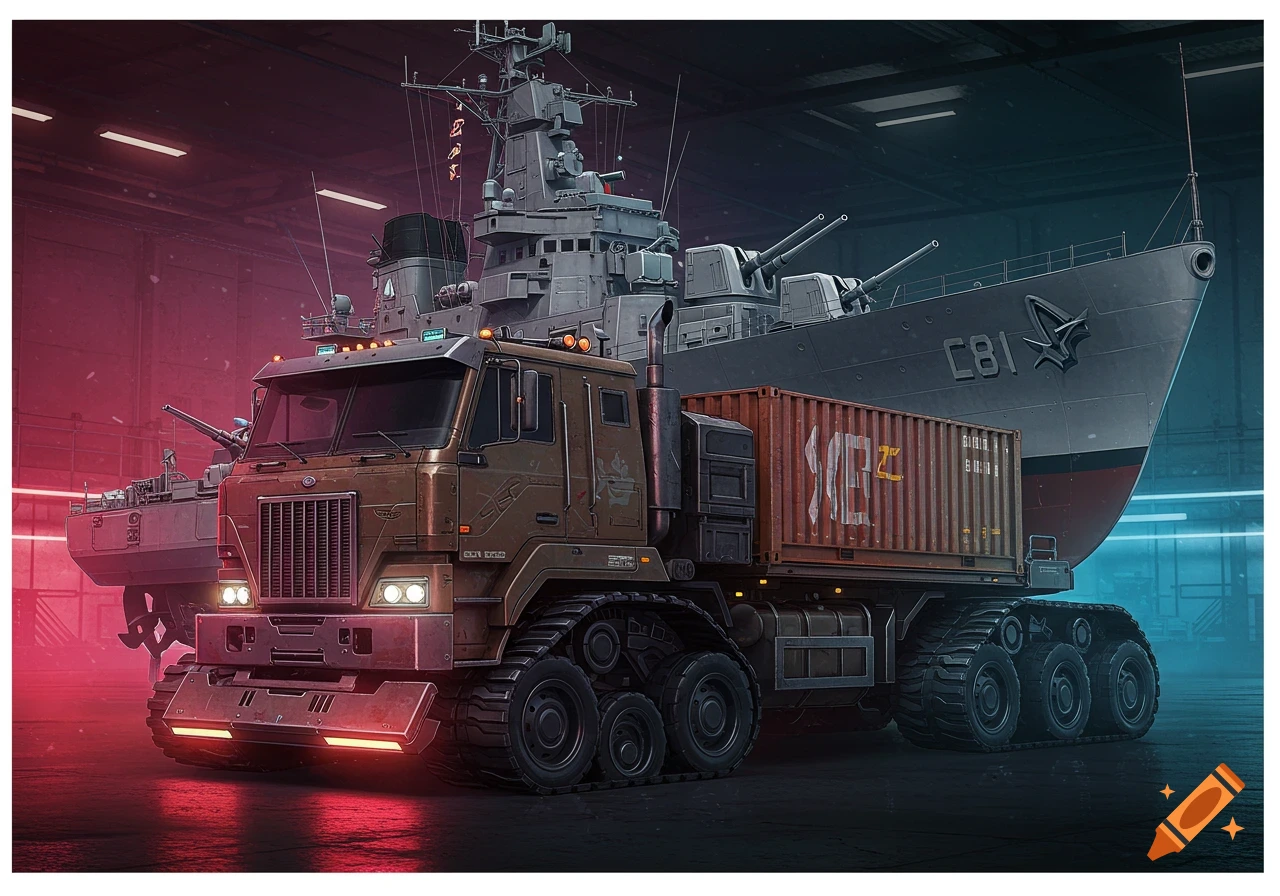 A large, brown, heavy-duty military truck with tracks and tires, carrying a red cargo container, in a neon-lit hangar with a warship.