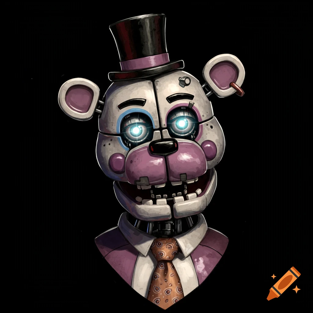 A white and purple robot bear with glowing blue eyes, a black top hat, and an orange patterned tie against a black background.