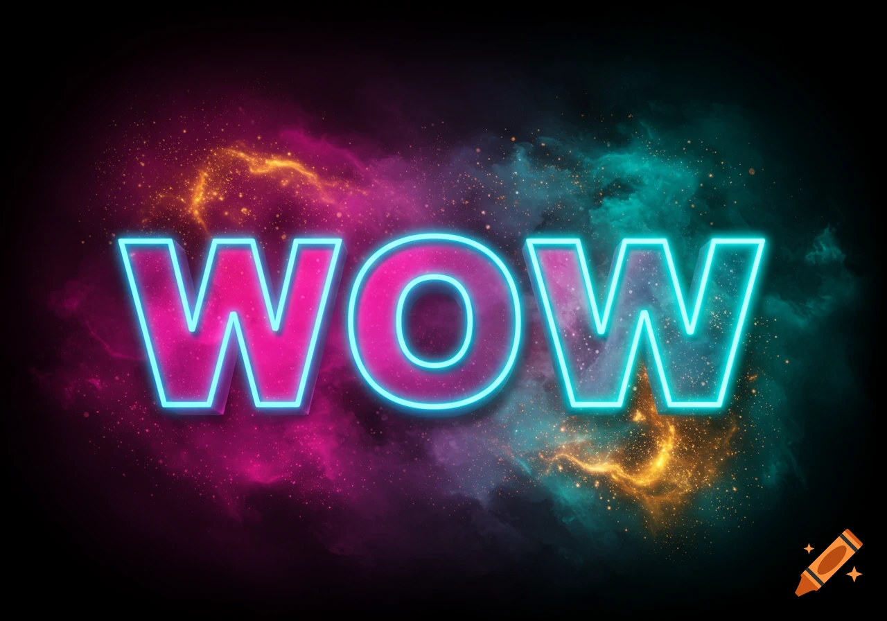 Neon pink WOW text with blue outline against a vibrant cosmic background of swirling colors and stars.